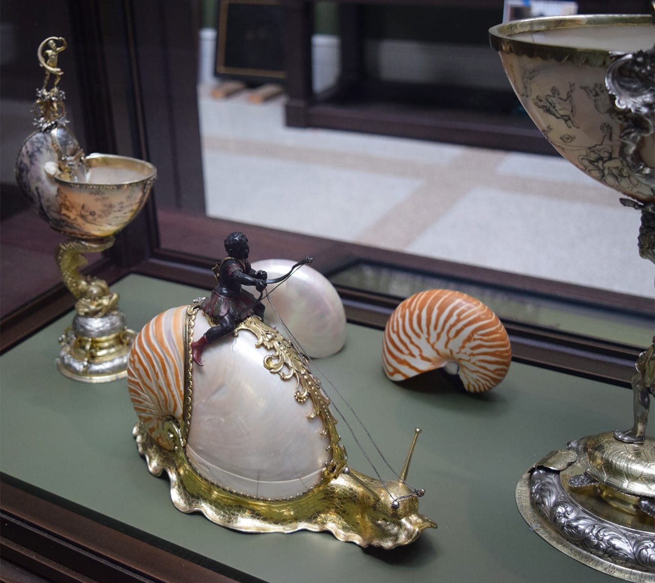 A nautilus snail from Nuremberg, Germany (ca. 1630) in the Wadsworth Atheneum's Cabinet of Art and Curiosities gallery