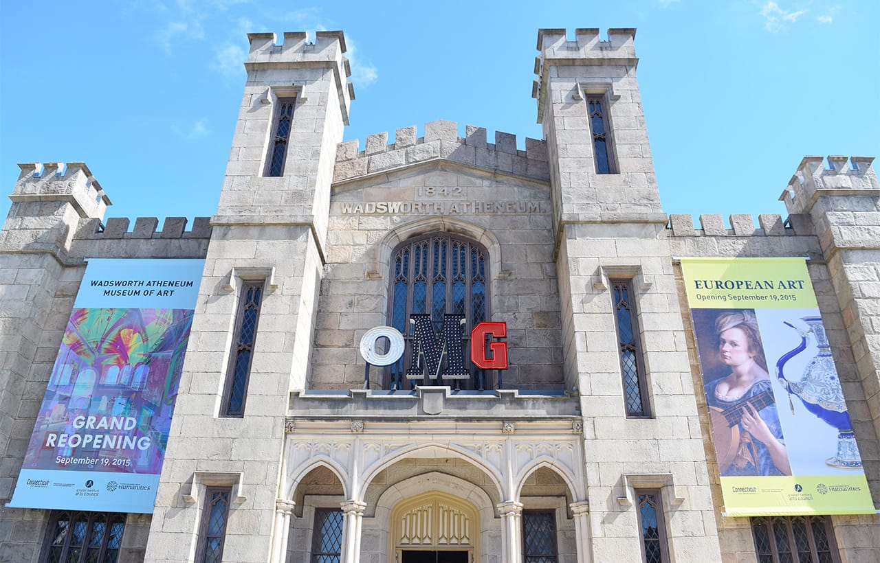 The façade of the Wadsworth Atheneum with the recently commissioned sculpture "OMG" (2015) by Jack Pierson