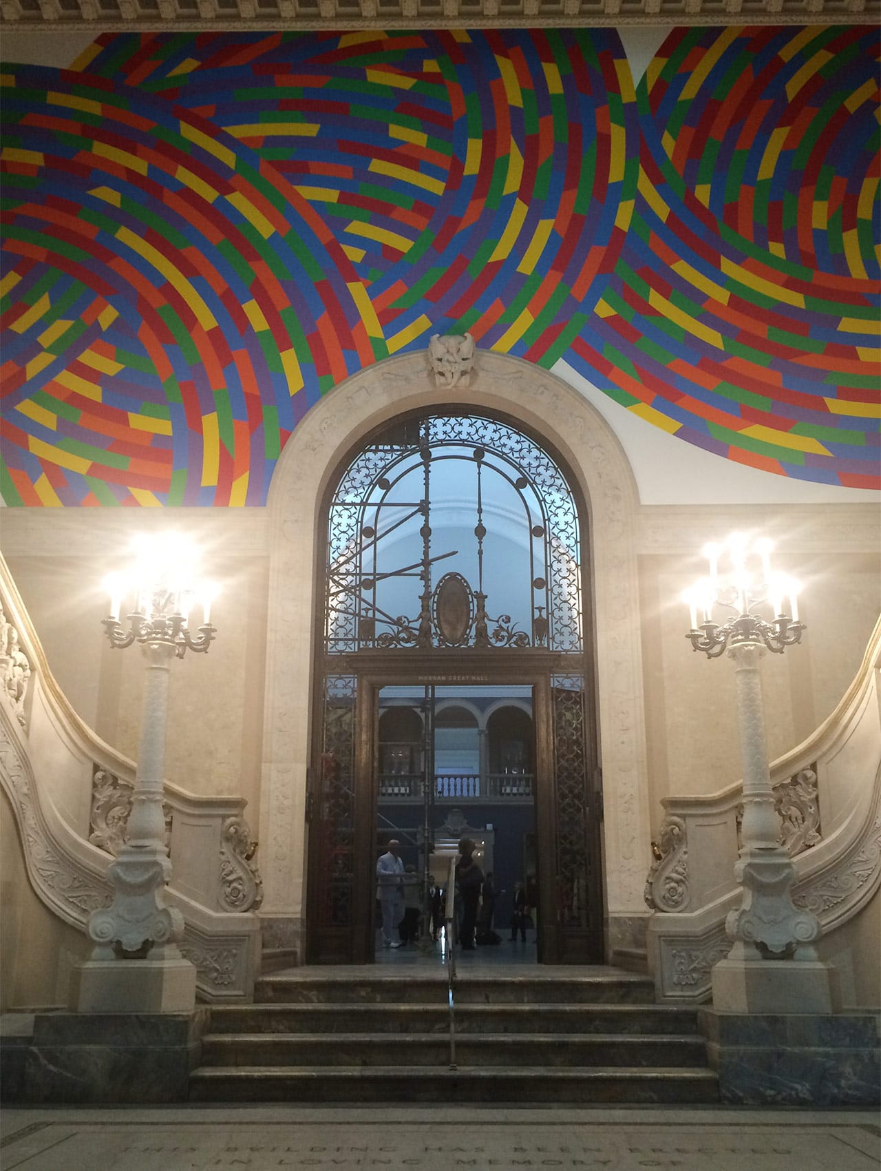 The entrance to the Wadsworth Atheneum's Great Morgan Hall with part of Sol LeWitt's "Wall Drawing #1131, Whirls and Twirls (Wadsworth)" (2004)