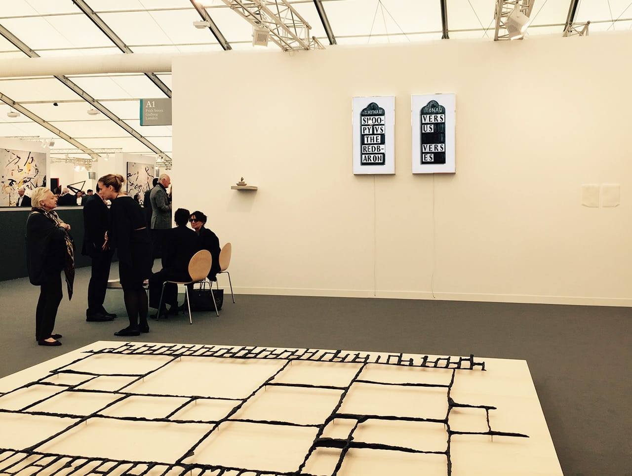 Cornelia Parker dominates the Frith Street booth but, in the background at right, Massimo Bartolini’s little marble diptych slyly asserts itself.