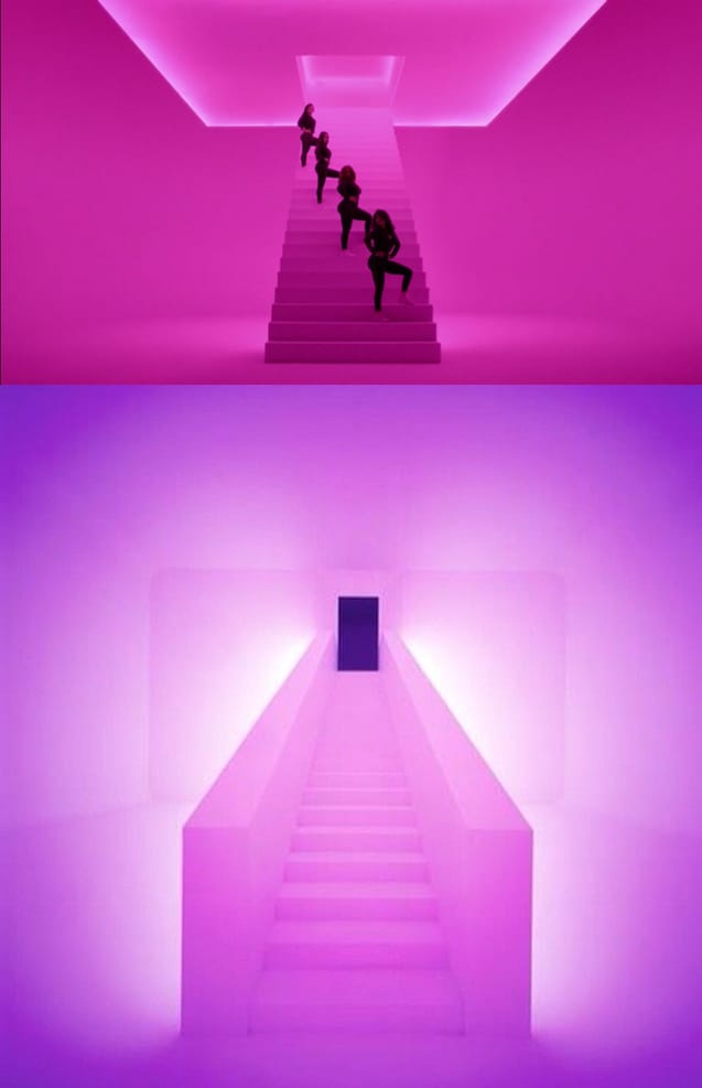 Still from Drake's video with James Turrell's "Twilight Epiphany" (2012) (bottom photo via @evartology/Instagram)