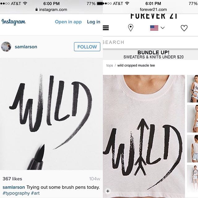 Sam Larson's design at left and Forever 21's T-shirt at right (image by @samlarson/Twitter)