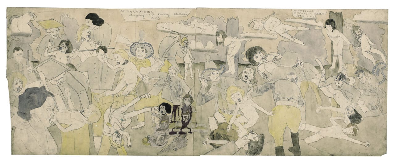 Henry Darger (1892-1973). "At Calmanrina murdering naked little girls". Crayon, aquarelle et collage sur papier, 1910-1970.