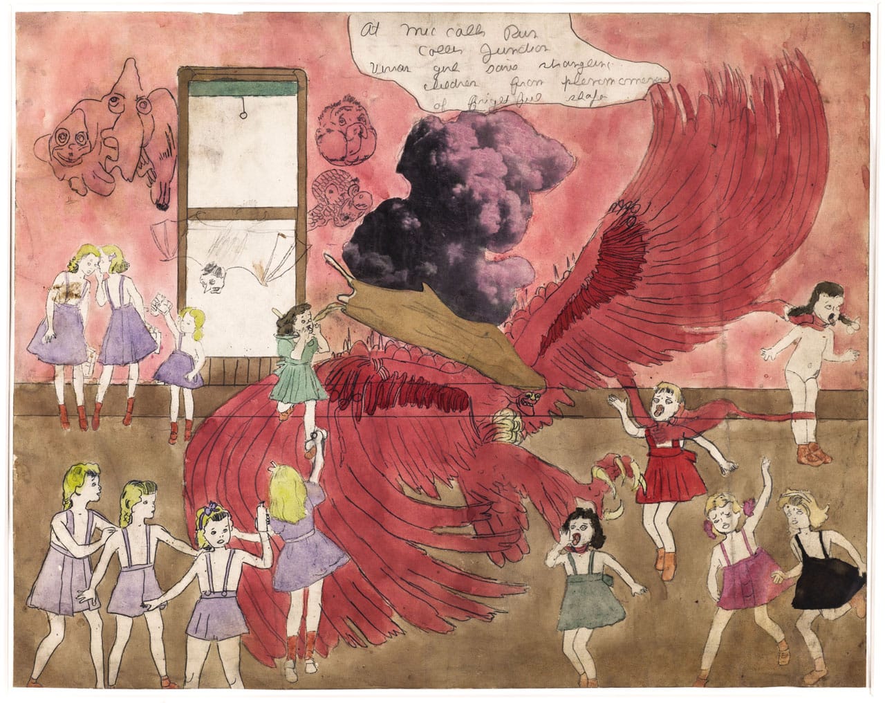 Henry Darger (1982-1973). " At McCalls Run Coller Junction Vivian girl saves strangling children from phenomenon of frightful shape". Crayon, encre, aquarelle et collage sur papier, 1910-1970. Paris, musée d'Art moderne.
