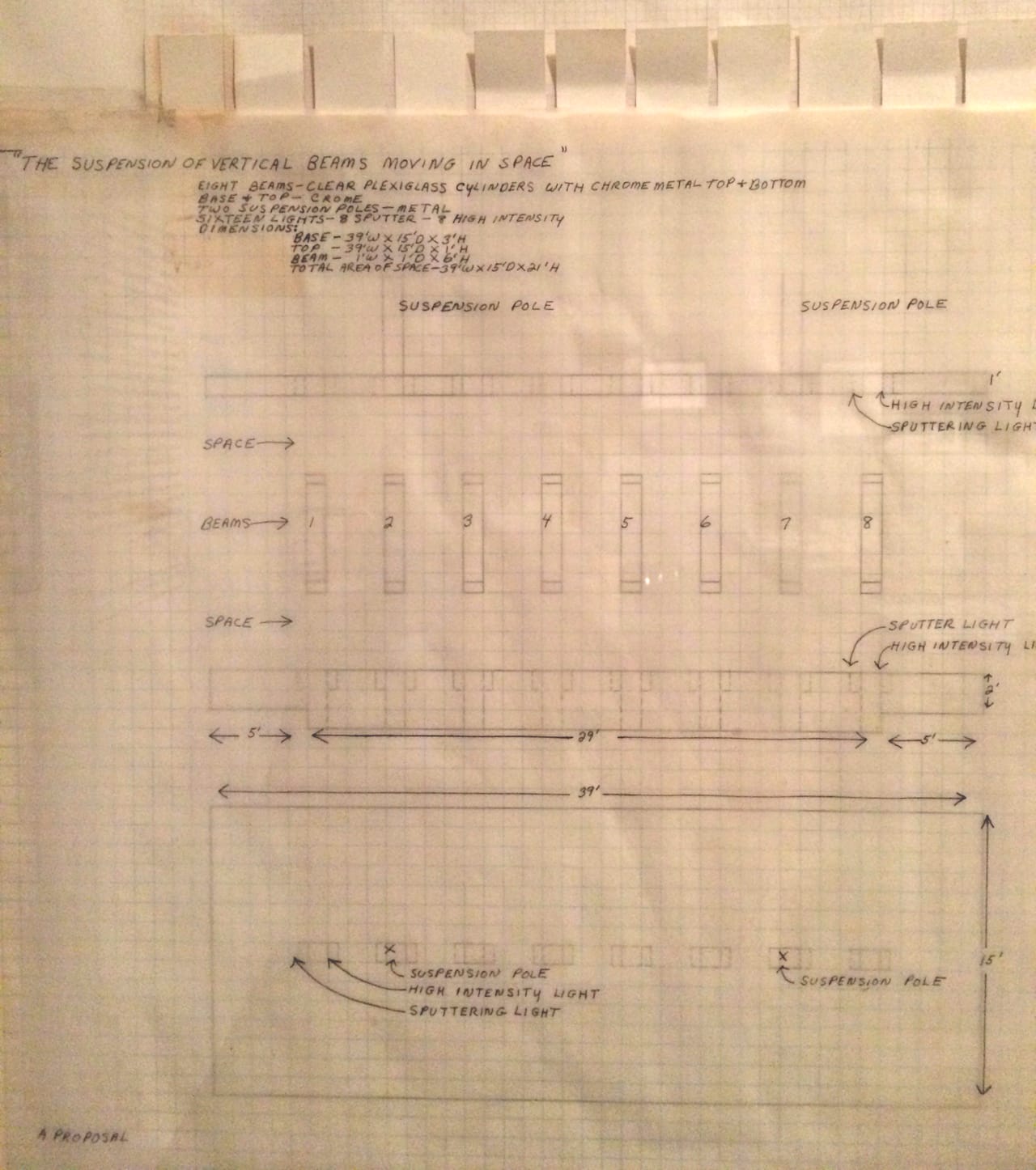 Channa Horwitz, proposal for Suspension of Vertical Beams Moving in Space (detail),1968.