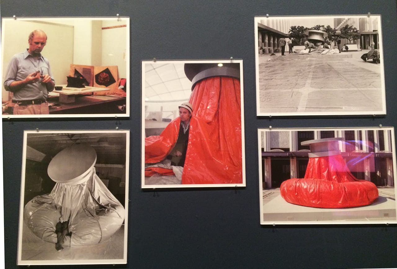 Top row (L to R): Oldenburg in his workroom at WED Enterprises with models for ice bag sculptures, 1969 (photo by Malcolm Lubliner); Oldenberg at Expo ’70; assembly of Giant Ice Bag at LACMA, 1971 (photo by Robert Cumming) Bottom rom (L to R): Oldenburg with Giant Ice Bag, 1970 (photo by Malcolm Lubliner); installation view at Art and Technology exhibition at LACMA, 1971
