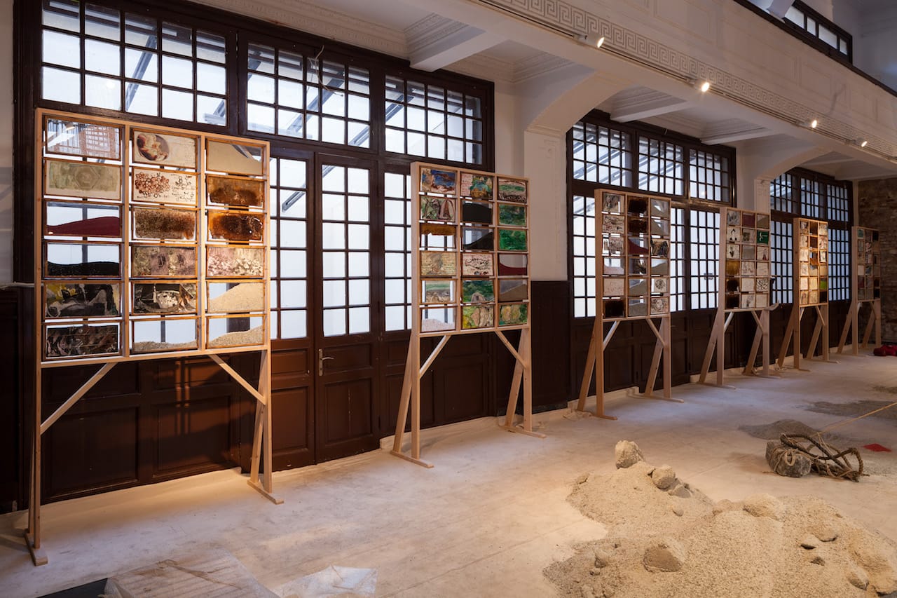 Anna Boghiguian, "The Salt Traders" (2015), textiles, wax, water color, gouache, wood, salts, sand, sound (photo by Sahir Ugur Eren)