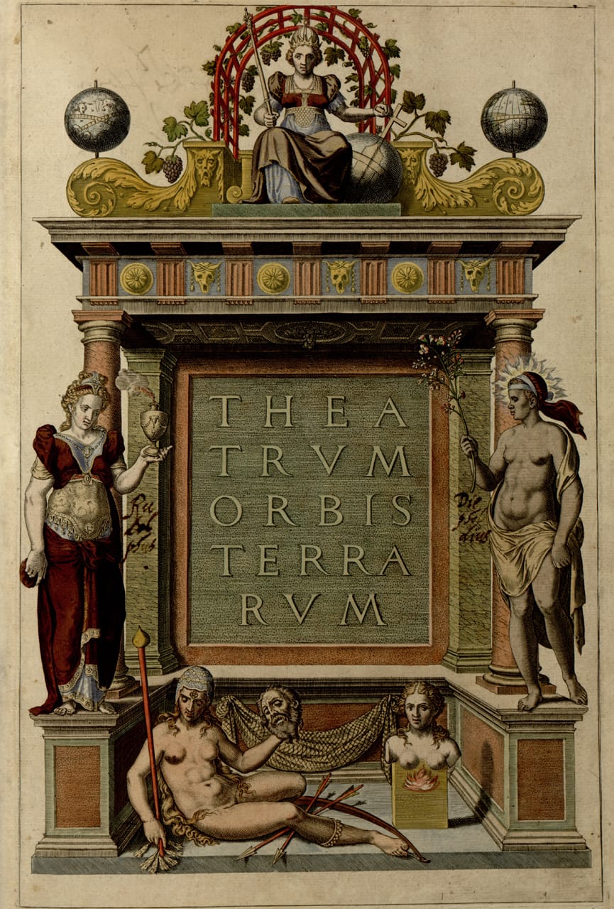 Cover page for Abraham Ortelius's atlas 'Theatrum orbis terrarum' (1570) (via Library of Congress)