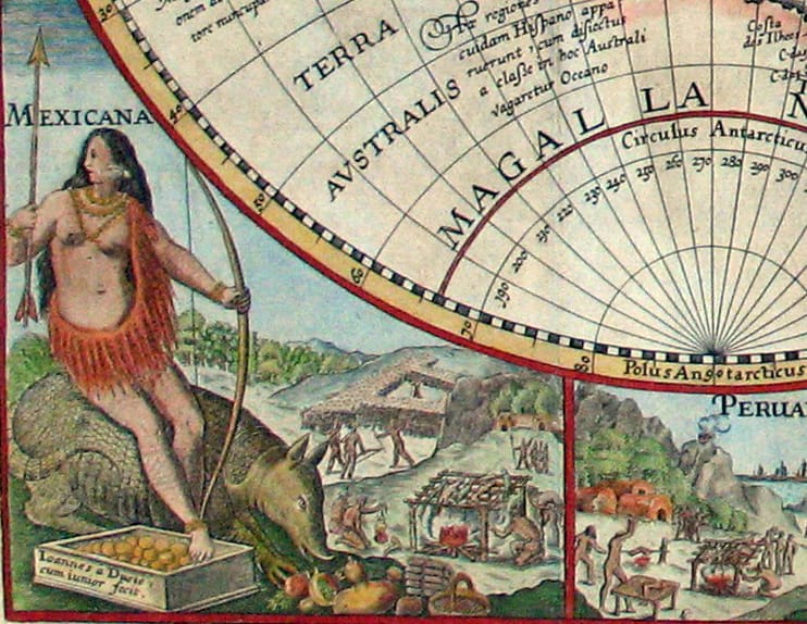 Details of cannibalism on Petrus Plancius's 'Orbis Terrarum Typus de Integro Multis in Locis Emendatus' (1594) (via Wikimedia)