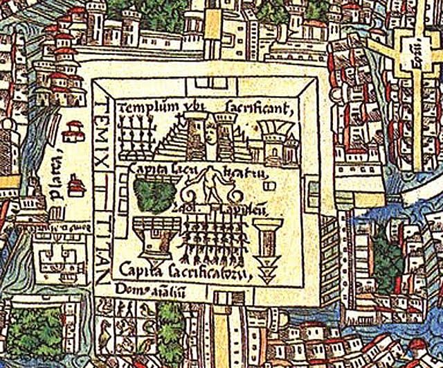 Detail of a temple complex with a decapitated human next to skull racks on Hernán Cortés's 'Map of Tenochtitlan' (1524) (via Wikimedia)