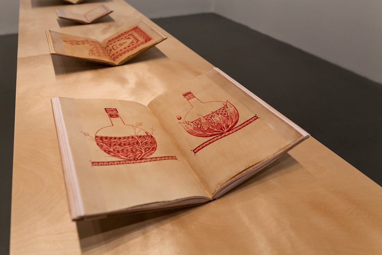 Aslı Çavuşoğlu, "Red/Red" (2015), Armenian and Turkish red on worn-out papers and handmade notebooks (photo by Sahir Ugur Eren)