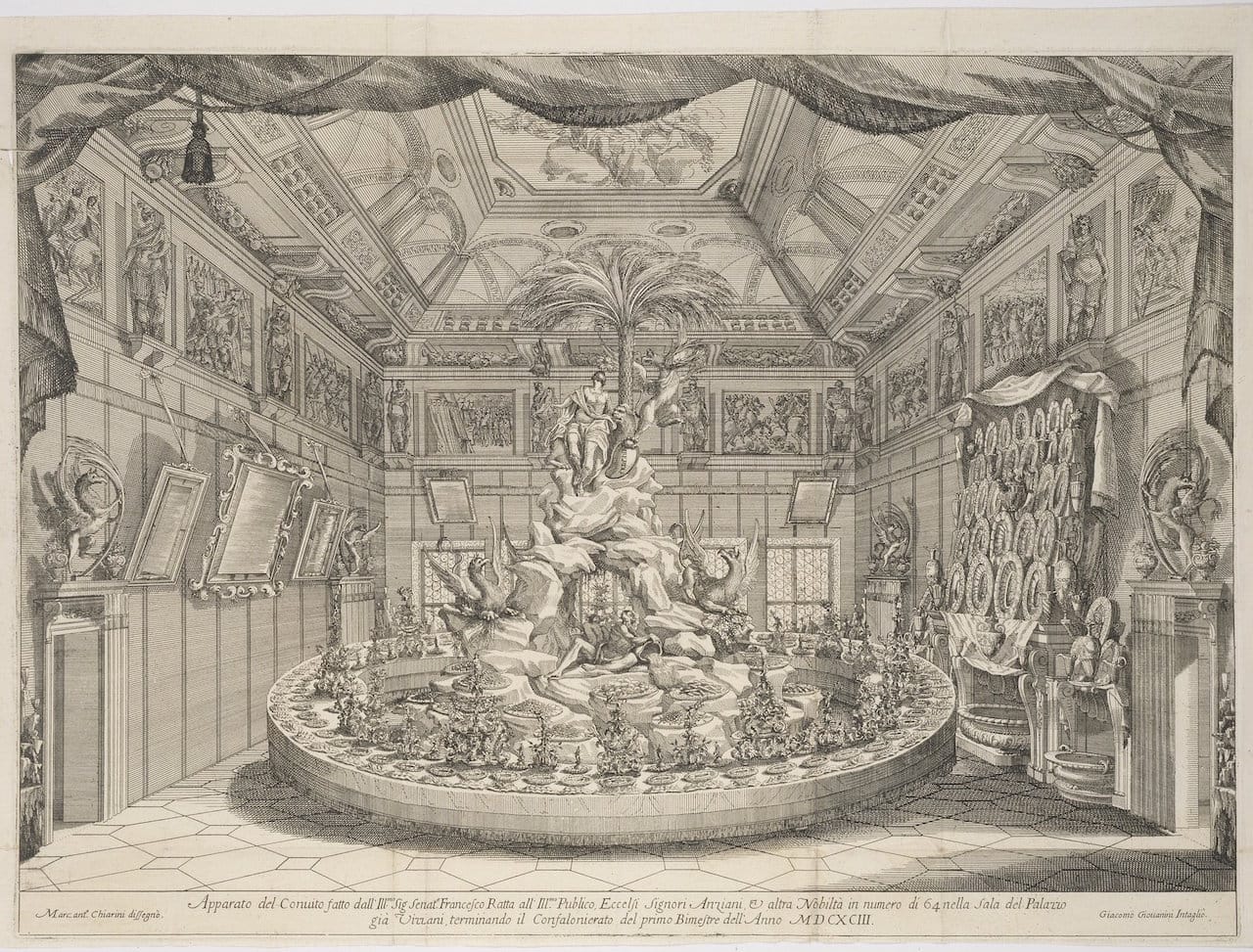 Disegni del convito fatto dall'illustrissimo signor senatore Francesco Ratta all'illustrissimo publico, eccelsi signori anziani & altra nobilita¿: terminando il svo confalonierato li 28. febraro 1693; Giacomo-Maria Giovannini (frontispiece), Italian, 1667 - 1717, Marc'Antonio Chiarini (frontispiece), Giovanni Battista Zaccarini (frontispiece), Italian, fl. 17th century; [1693?]; publication; Open (frontispiece, unfolded): 42.2 × 84.5 cm (16 5/8 × 33 1/4 in.), Closed: 33.3 × 23.7 × 0.6 cm (13 1/8 × 9 5/16 × 1/4 in.); 1366-803; Not Researched