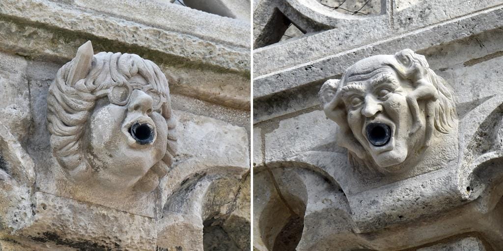 Gargoyles commemorating Charlie Hebdo cartoonists Cabu (left) and Georges Wolinski (right) on the Tour de la Lanterne in La Rochelle (photo by @TKTK/Twitter)