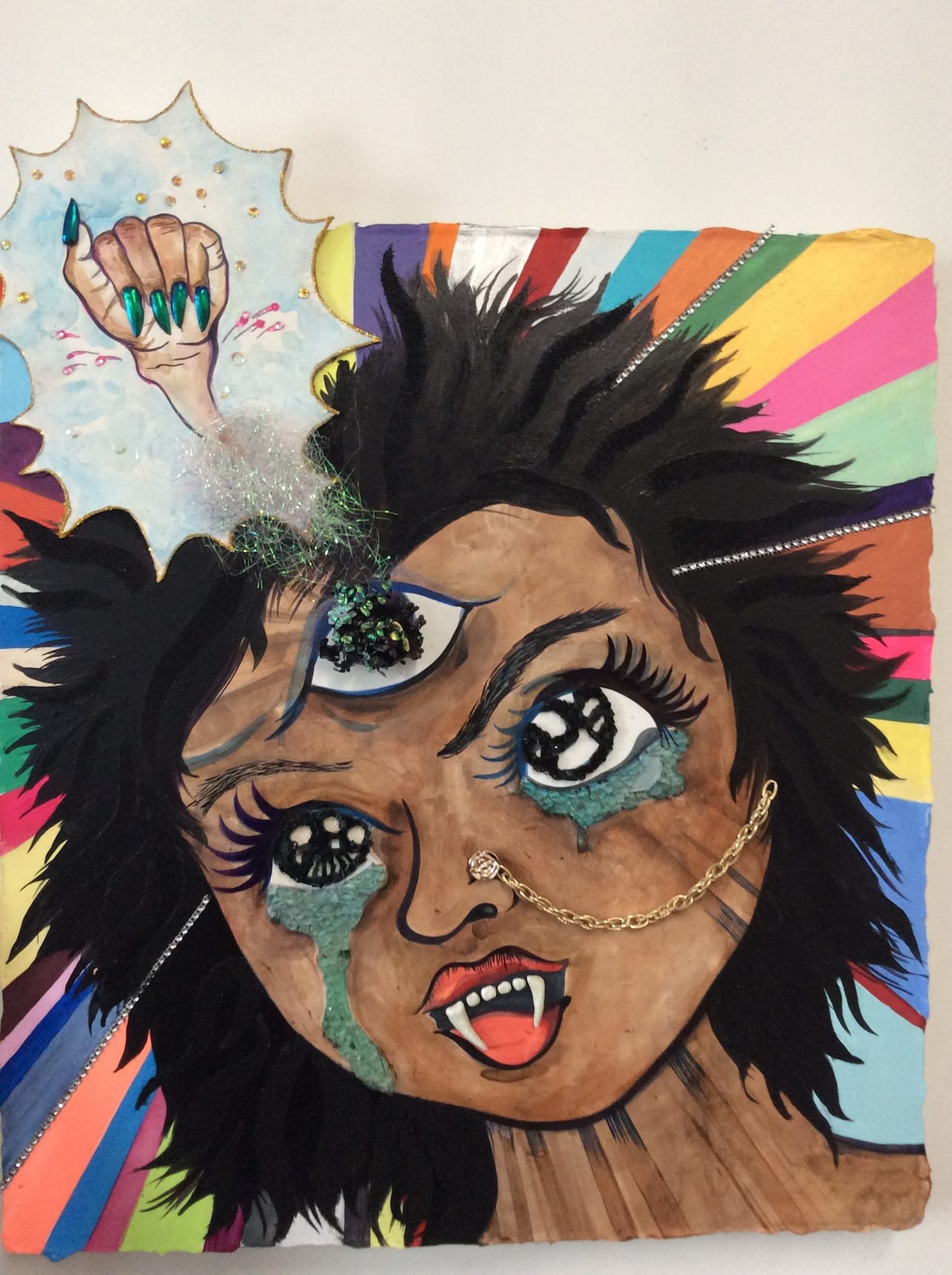 Chitra Ganesh, "Power Girl" (2015), acrylic, glass, flower ornament, false gold chain and ornament on canvas, 22 1/5 x 24 2/5 in (click to enlarge)