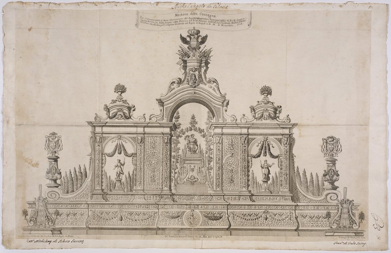 Machina della coccagna per sollennizzare il nome gloriosissimo del augustissimo imperatore regnante Carlo VI.: re¿ di Spagna Vngaria Boemia &c. fatta erigere nella piazza del real palazzo dall'em.mo sig.r cardinale Michele Federico d'Althann vicere¿ luogot.te e capitan generale nel regno di Napoli a di¿ IV. di nouembre 1724; MichelAngelo de Blasio, Italian, fl. 1721 - 1742, Francesco de Grado, Flemish, 1663 - ca. 1733; [ca.1724]; engraving; Sheet (print): 46.7 × 72.1 cm (18 3/8 × 28 3/8 in.), Mount (paper): 50.3 × 78.4 cm (19 13/16 × 30 7/8 in.); P910002.13; Not Researched