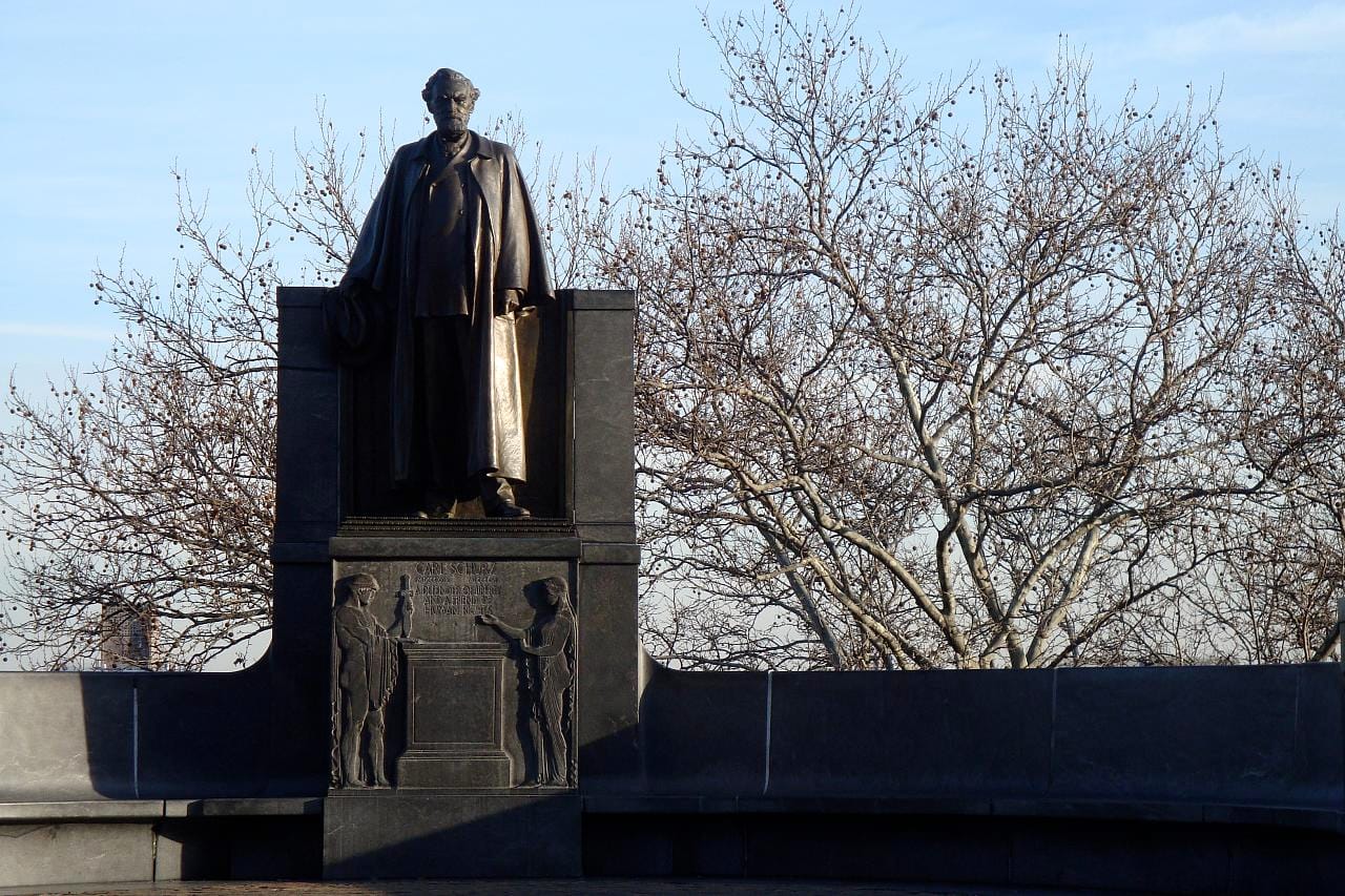 One of the few public art works in Morningside Park: the Carl Schurz memorial. Photo by Dave Pelland via Flickr.