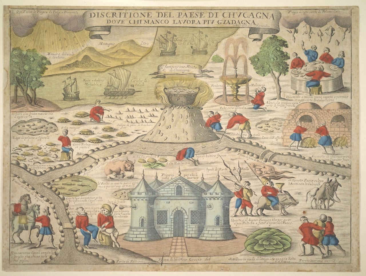Description of the Land of Cockaigne, where he who works the least earns the most; Remondini family (Bassano); 1606; engraving; Sheet: 41.5 x 55.5 cm (16 5/16 x 21 7/8 in.); 2014.PR.72; Not Researched