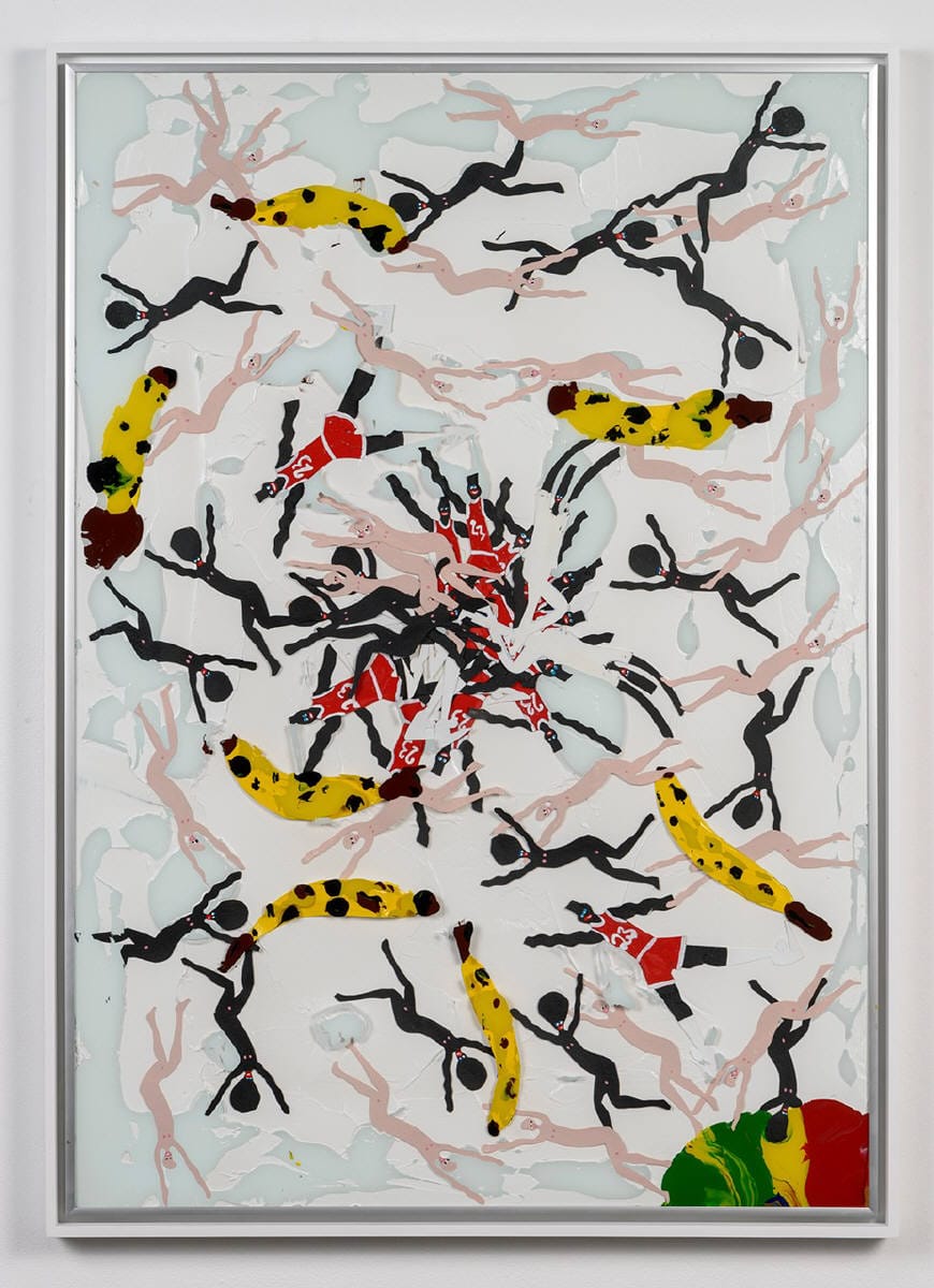 Devin Troy Strother "49 Niggas and 7 Bananas in an Ikea Frame" (2015), mixed media on glass and various materials, in Ikea frame, 41.25 x 29.25 Inches (via richardhellergallery.com)