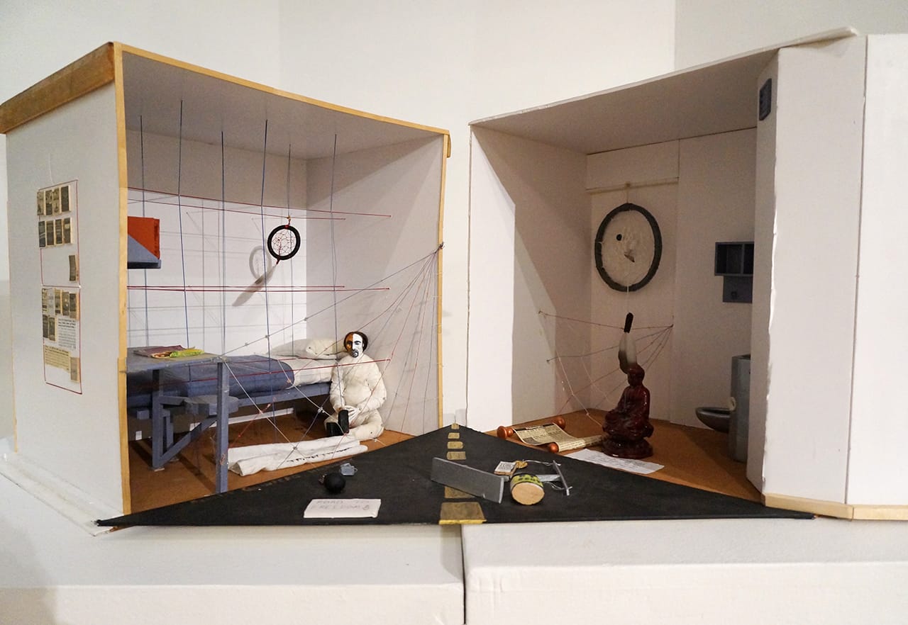 Derrick Quintero, "If My Journey Were a Book Title" (2012), mixed media, left box: 17 x 16.75 x 12 in; right box: 17.5 x 16.25 x 11.5 in (closed), 24.5 x 16.25 x 11.5 in (open)