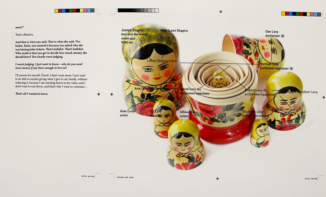 Excerpt from Kate Levy's manuscript, which she invites gallery attendees to audit with comments.