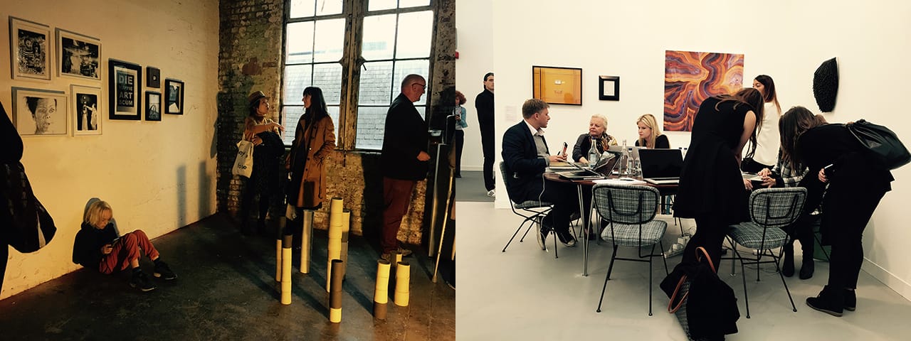 Frieze was not the place to look for children, or for people sitting on the floor. But Sluice had its share of both. If people sit at Frieze, it's on chairs they brought with them.