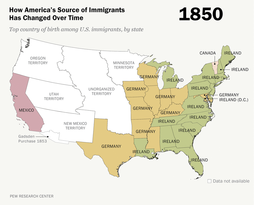 The source of US immigration by state (1850–2013) (via Pew Research)