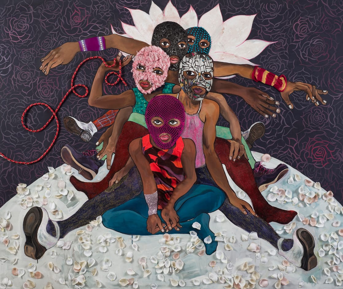 Chitra Ganesh, "Pussy Riot" (2015), acrylic, faux flower petals, textiles, tinted plastic, rope, broken mirror, faux fur, leather, glitter, and glass, 60 x 72 in