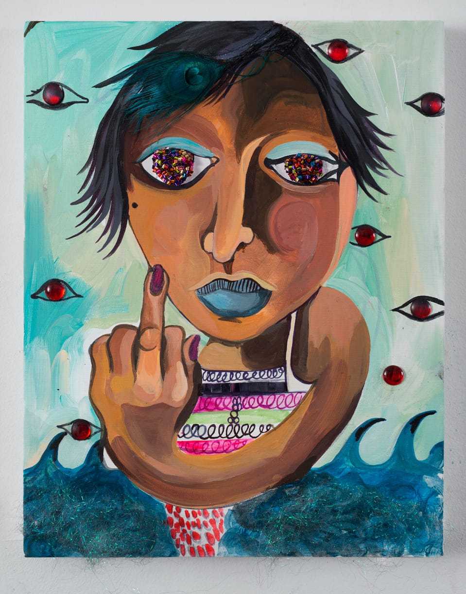 Chitra Ganesh, "The Finger" (2015), plastic, nylon, clay, peacock feathers, and foam on canvas, 11 x 14 in (click to enlarge)