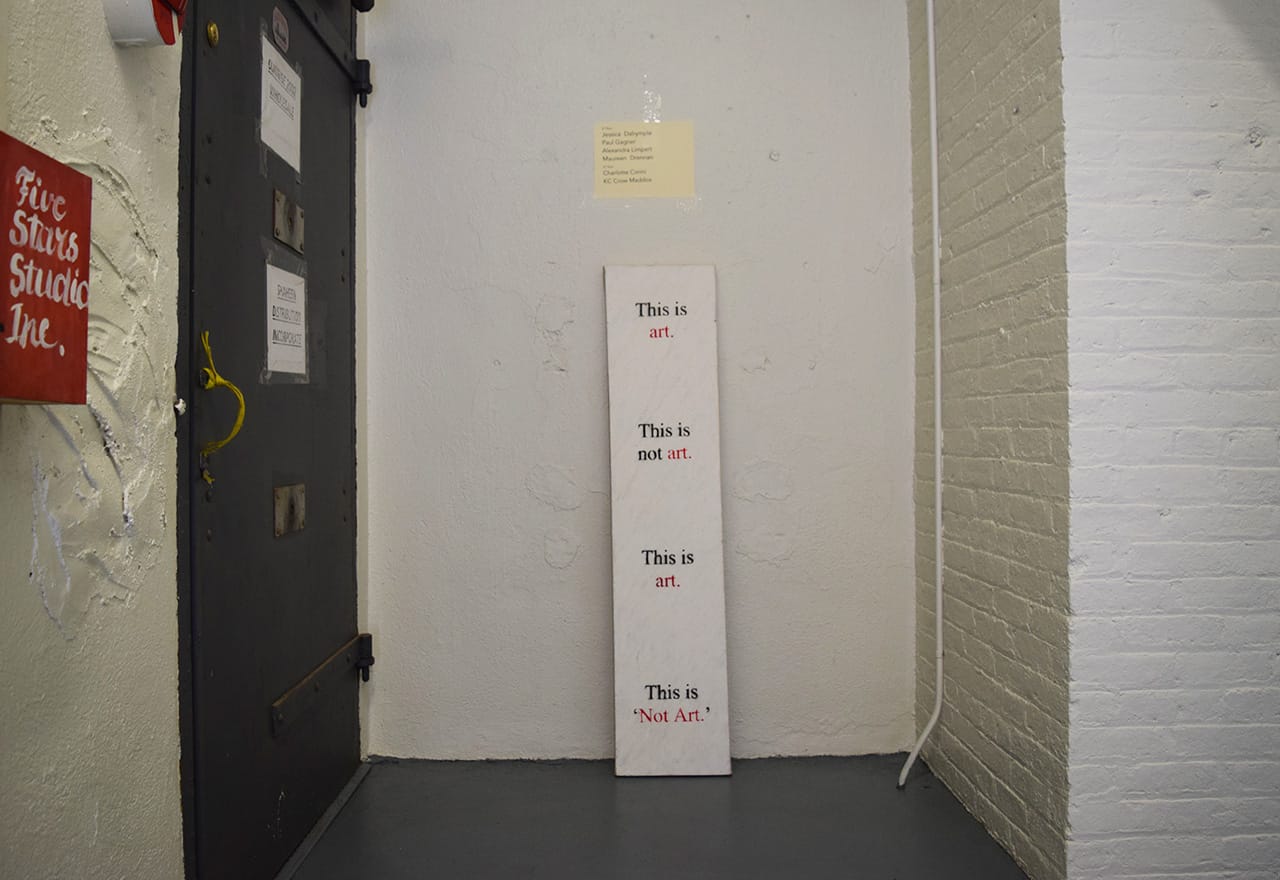 Works of art (or "Not Art"?) in the hallway of 62 18th Street during Gowanus Open Studios (all photos by the author for Hyperallergic)