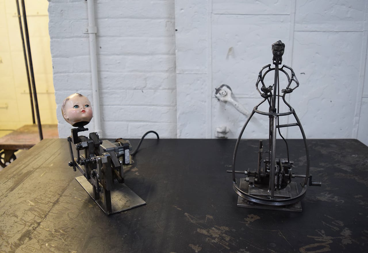 Articulated steel sculptures by Alexandra Limpert at 62 18th Street