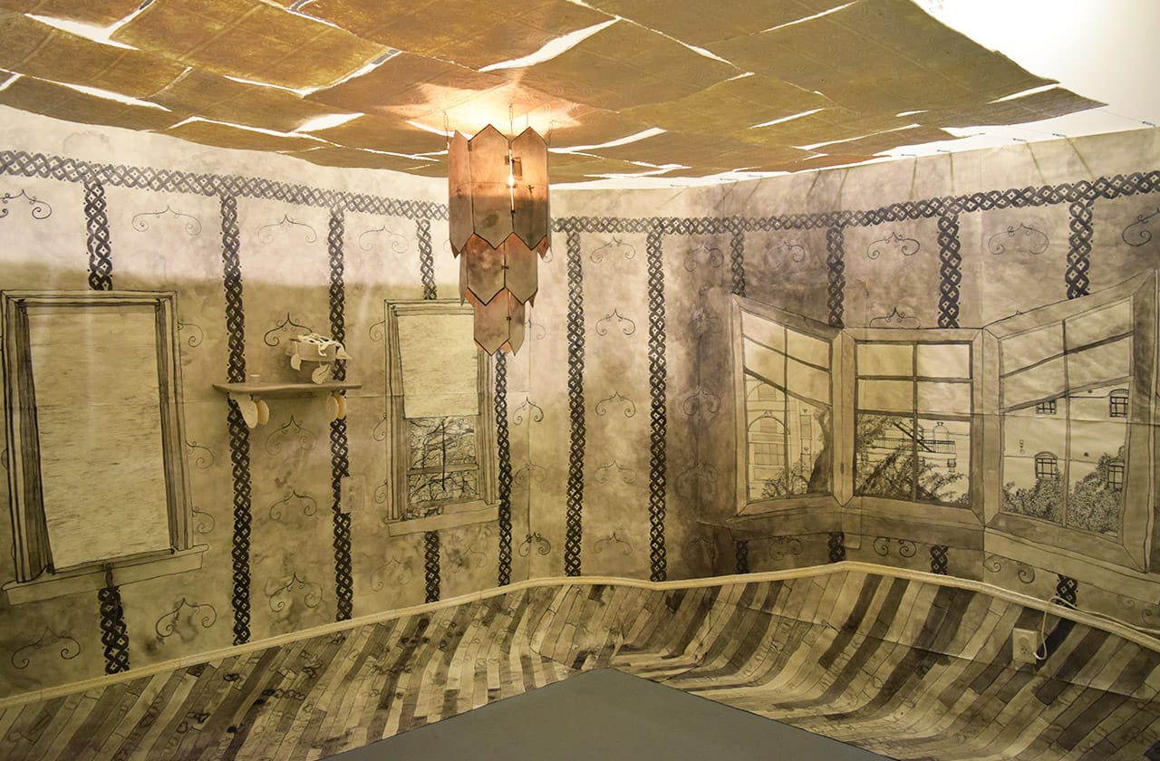 Carrie Rubinstein's room-filling installation "Retrofit" (2015) in Rhombus Space gallery at 183 Lorraine Street