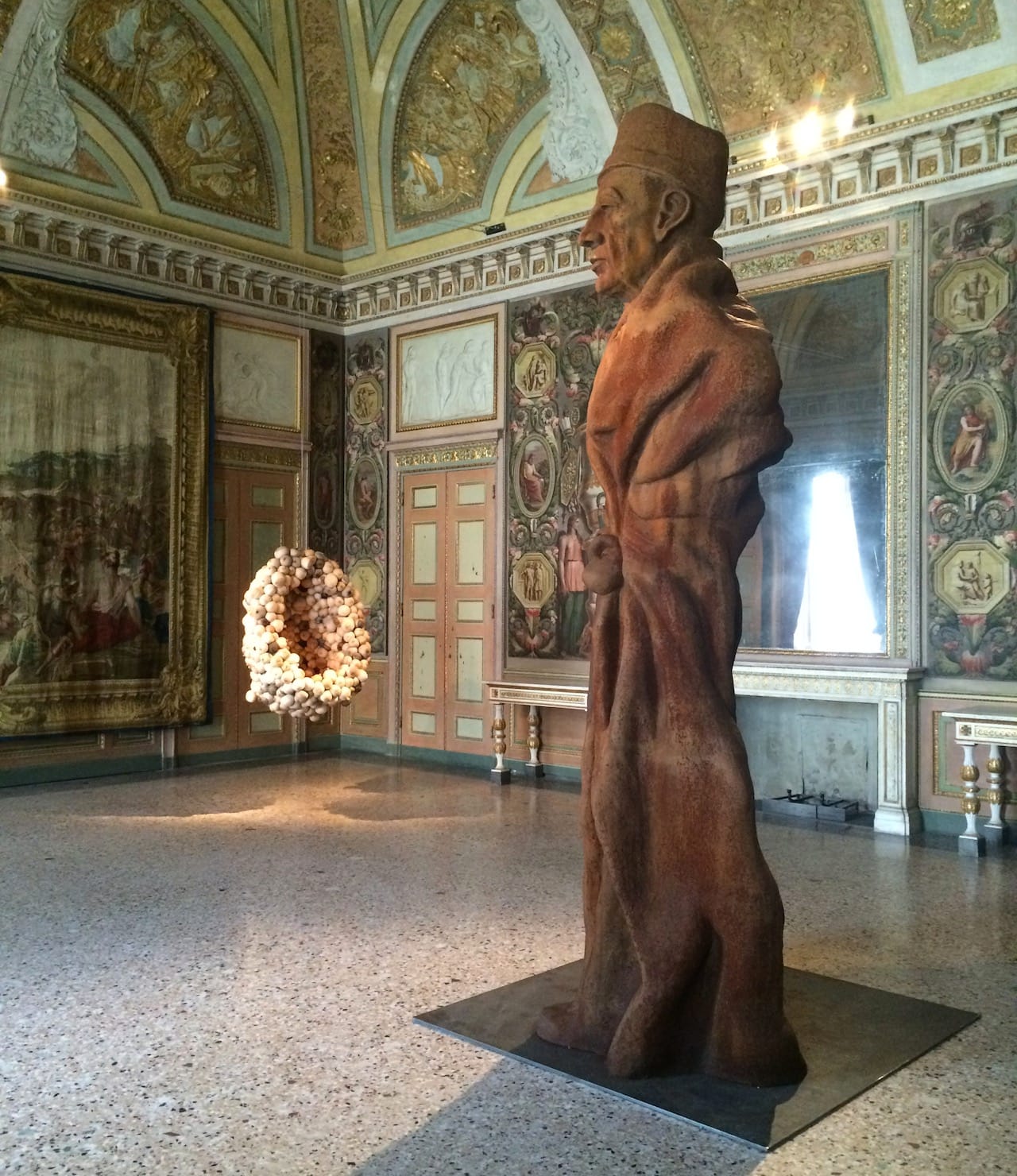 Installation view with, from left to right, Sarah Lucas's "Mumum" (2012) and Thomas Schütte's "Vater Staat" ("Father State") (2010)