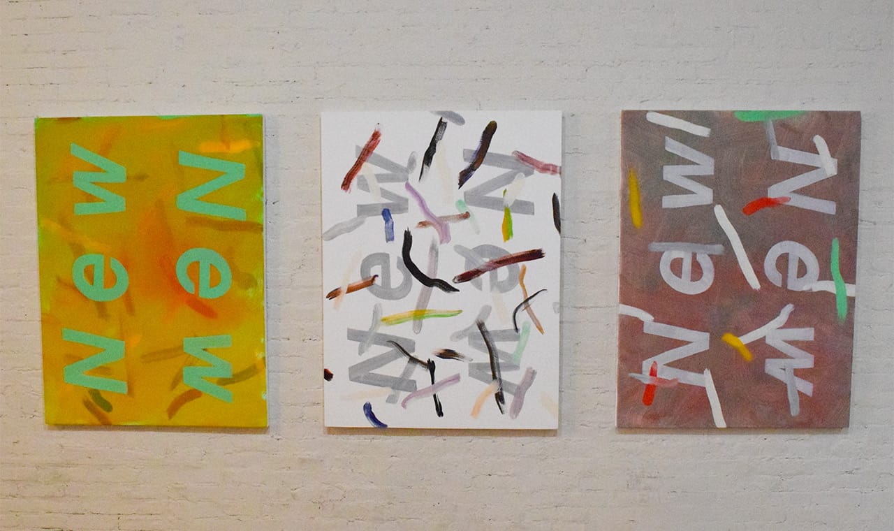 Three untitled paintings by Gregory Edwards in the lobby of MoMA PS1