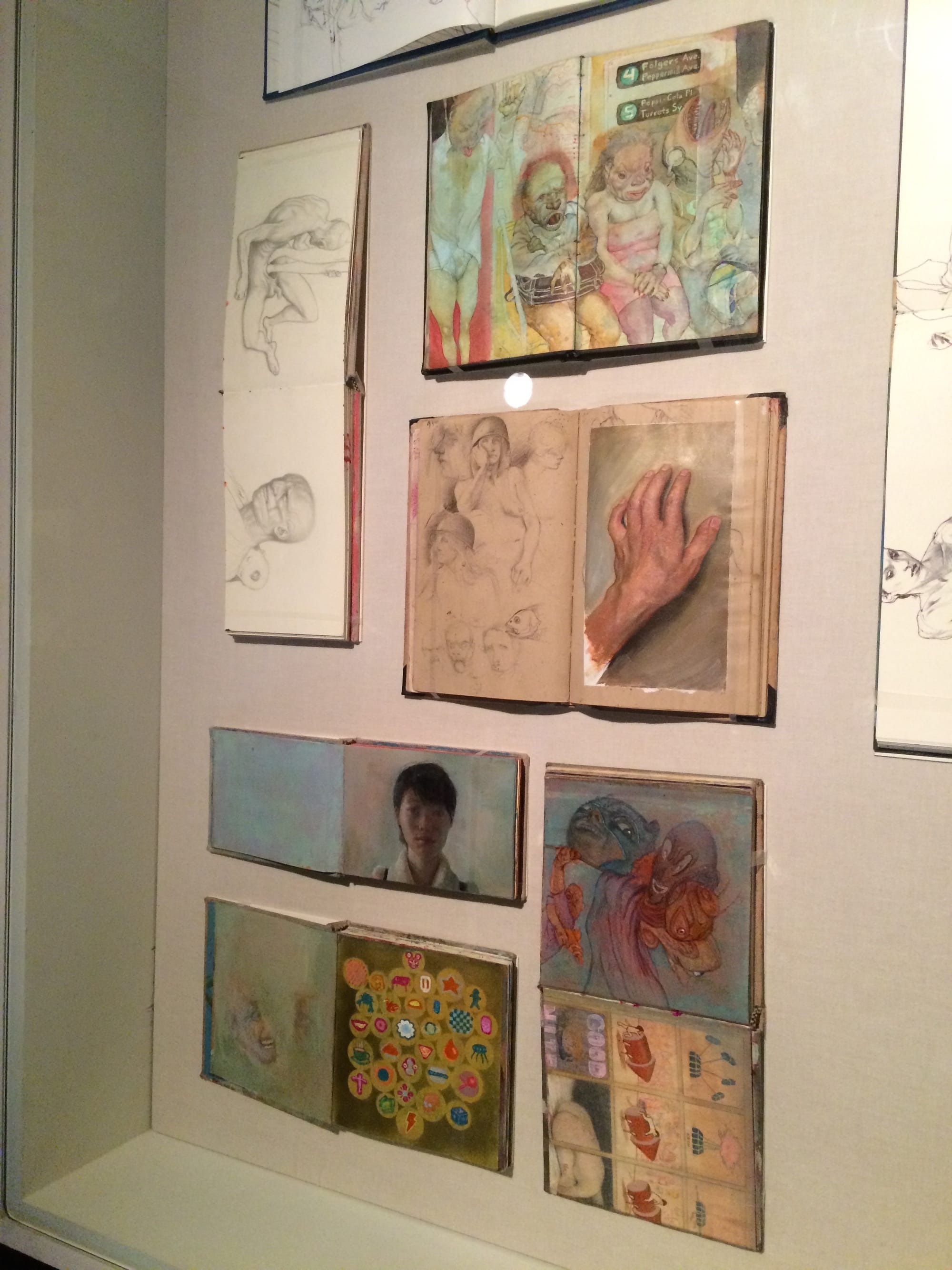 Display of sketchbooks by James Jean at Giant Robot Biennale 4, Japanese American National Museum