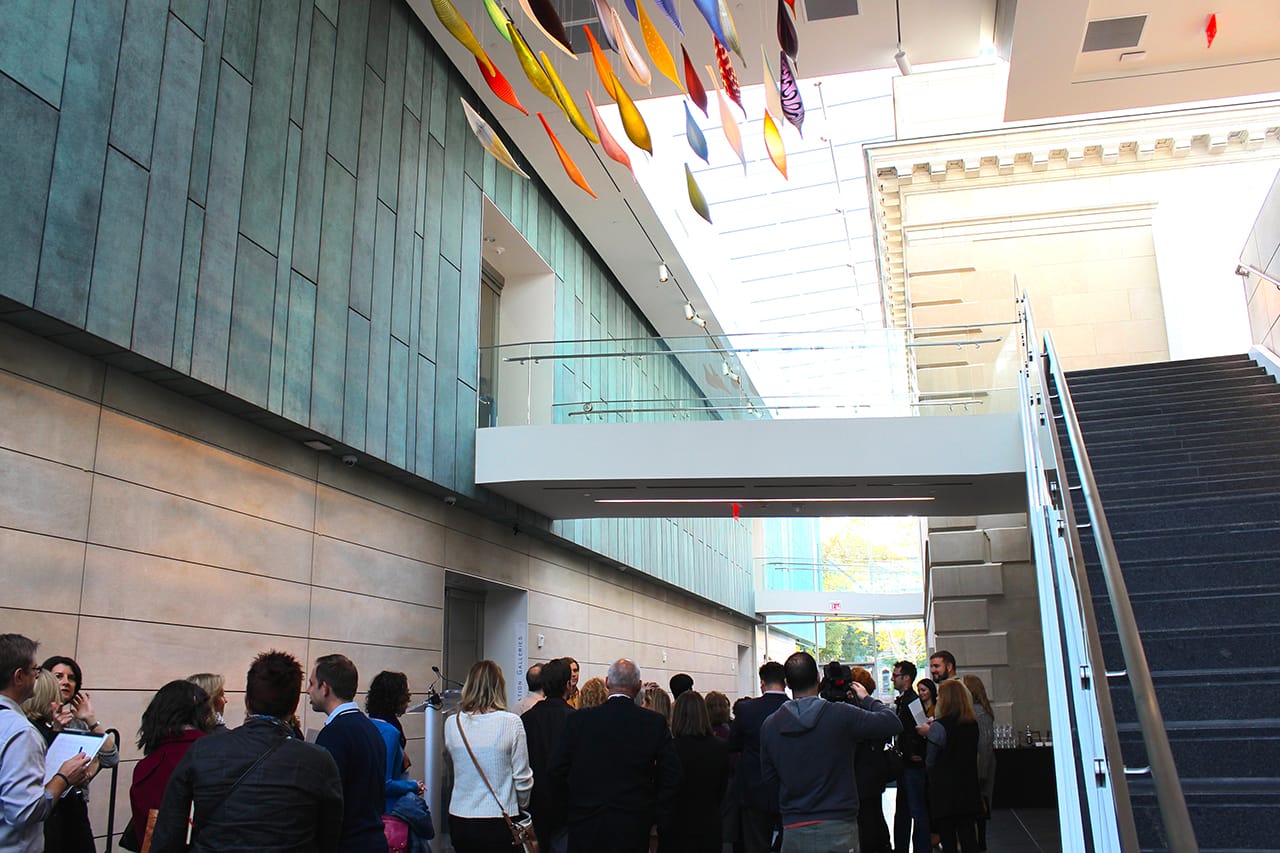 The atrium of the new CMA wing, spanned by two sky bridges (all photos by the author for Hyperallergic)