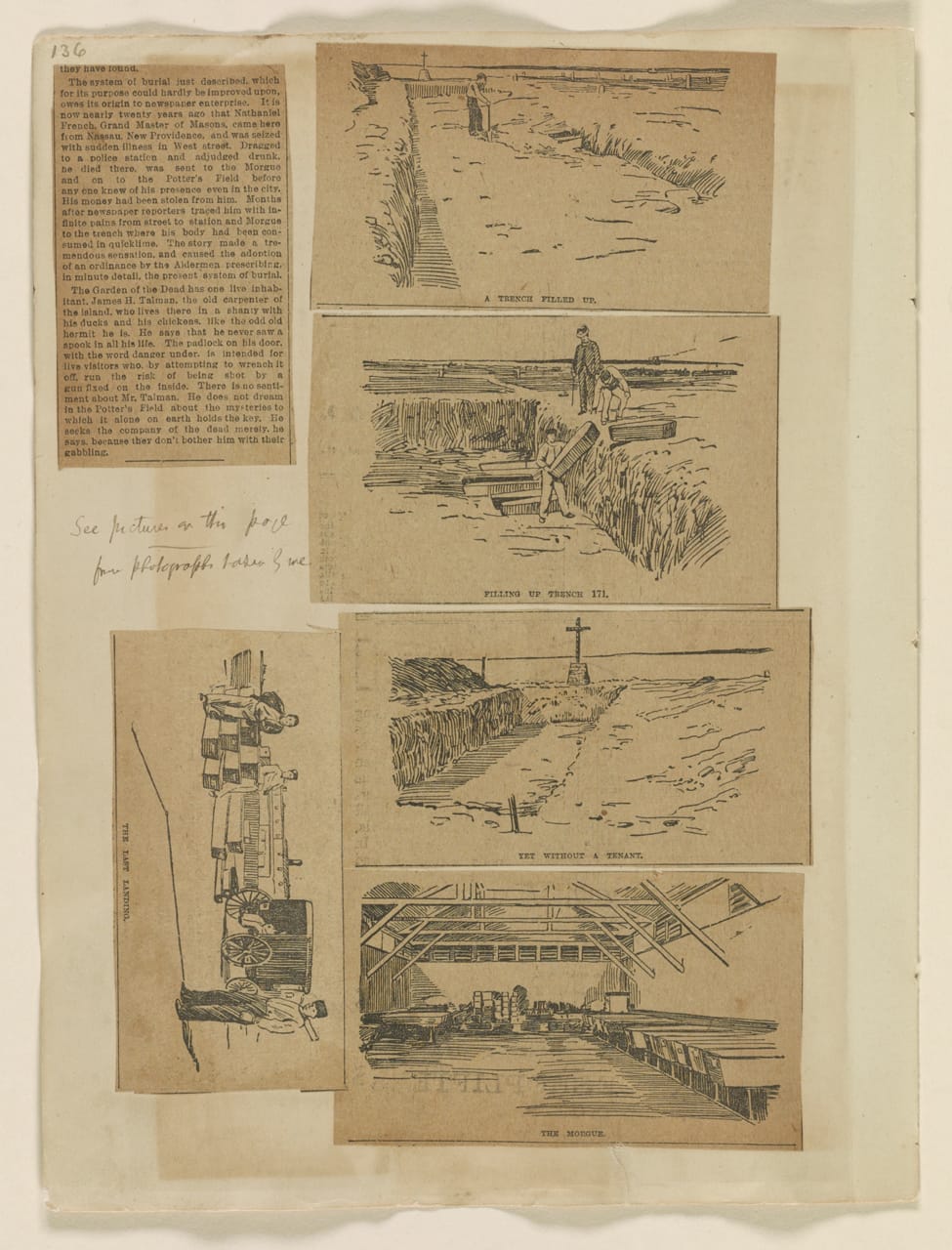 Riis scrapbook with illustrations from the article, "The City's Unclaimed Dead," Evening Sun (January 6, 1891). Scrapbook page includes note from Riis: "from photos taken by me." (courtesy Jacob A. Riis Papers, Manuscript Division, Library of Congress, Washington, DC)