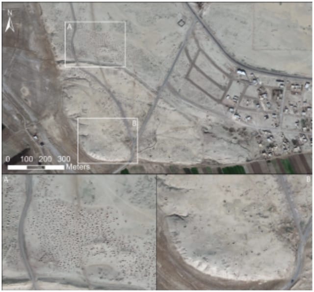 Satellite images depicting Tell es-Sinn, a late Roman site on the Euphrates River that was severely looted in the last two years under ISIS. (Courtesy Digital Globe 2015)