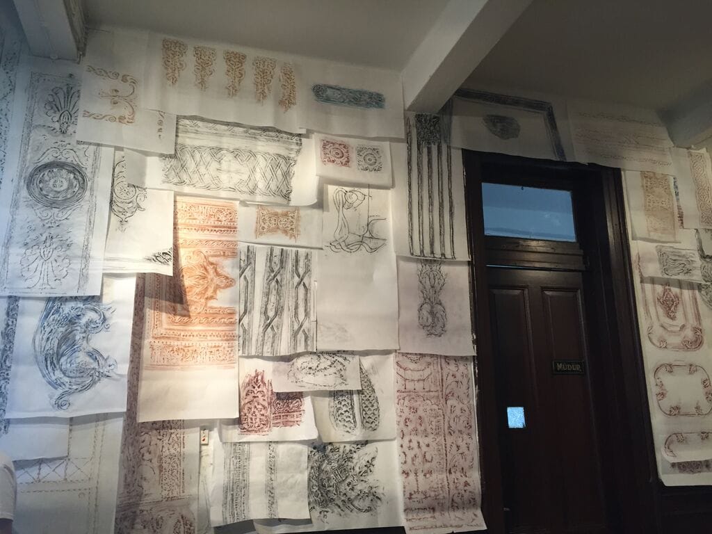 Detail of architectural rubbings in Michael Rakowitz's "The Flesh is Yours, The Bones are Ours" at Galata Greek Primary School