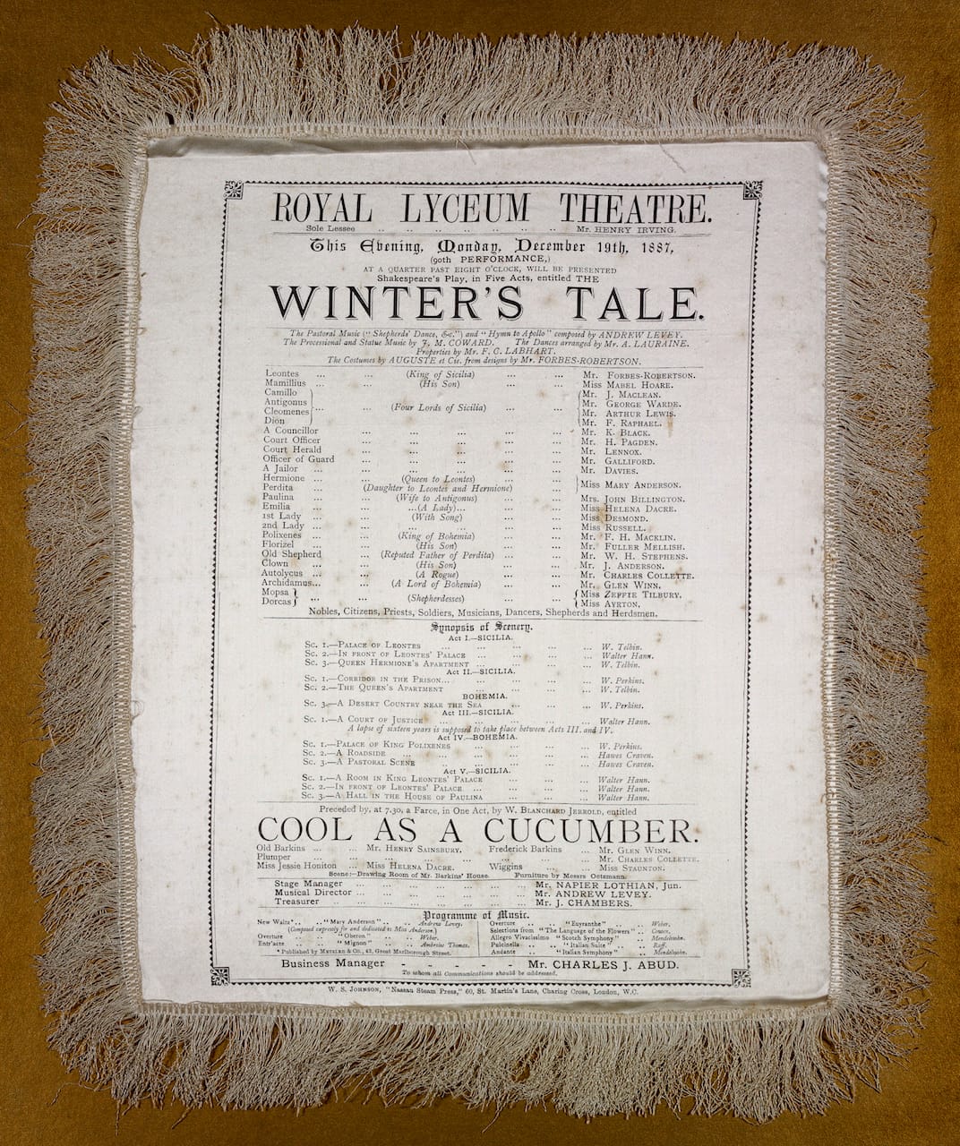 'Winter's Tale,' silk playbill for the Royal Lyceum Theatre, Edinburgh, Scotland (1887), designed by W.S. Johnson (courtesy Victoria & Albert Museum)