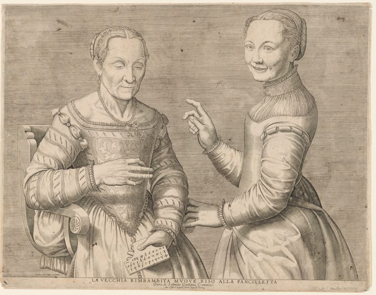 Jacob Bos (Netherlandish, active 1550–80) after Sofonisba Anguissola (Italian, ca. 1532–1625) La vecchia rimbambita muove riso alla fanciulletta (Young girl laughing at the old woman) Engraving, ca. 1550, based on a now-lost drawing by Sofonisba Anguissola, one of the few early modern women artists to get wide recognition