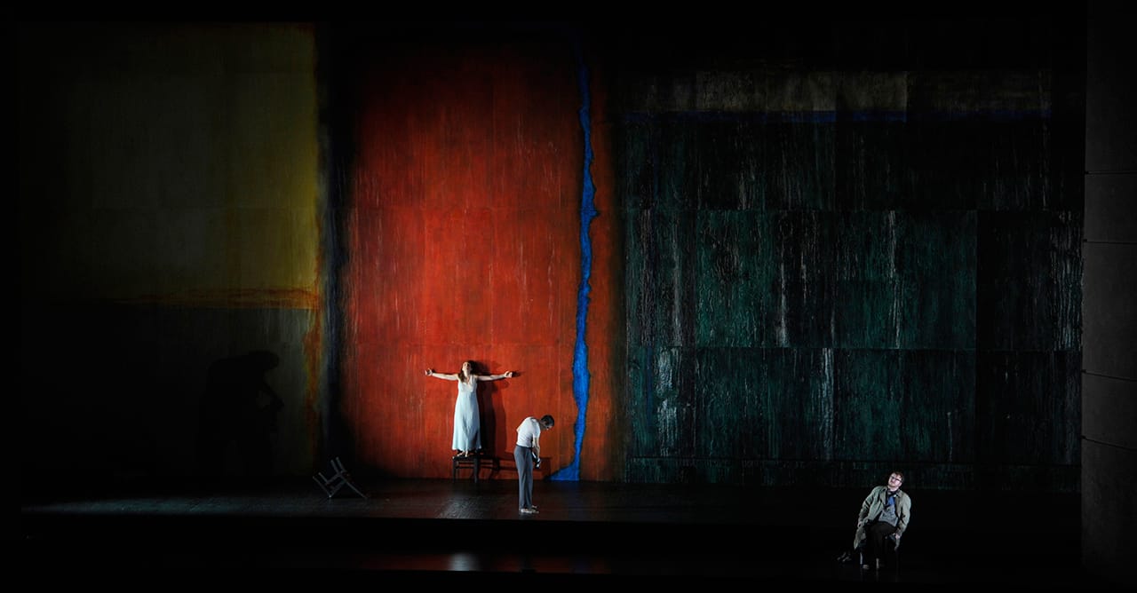 Left to right: Krisztina Szabó as Clorinda, Phillip Addis as Tancredi and Owen McCausland as Testo in the Canadian Opera Company’s world premiere production of 'Pyramus and Thisbe' (with 'Lamento d’Arianna' and 'Il combattimento di Tancredi e Clorinda'), 2015 (photo by Gary Beechey) (click to enlarge)