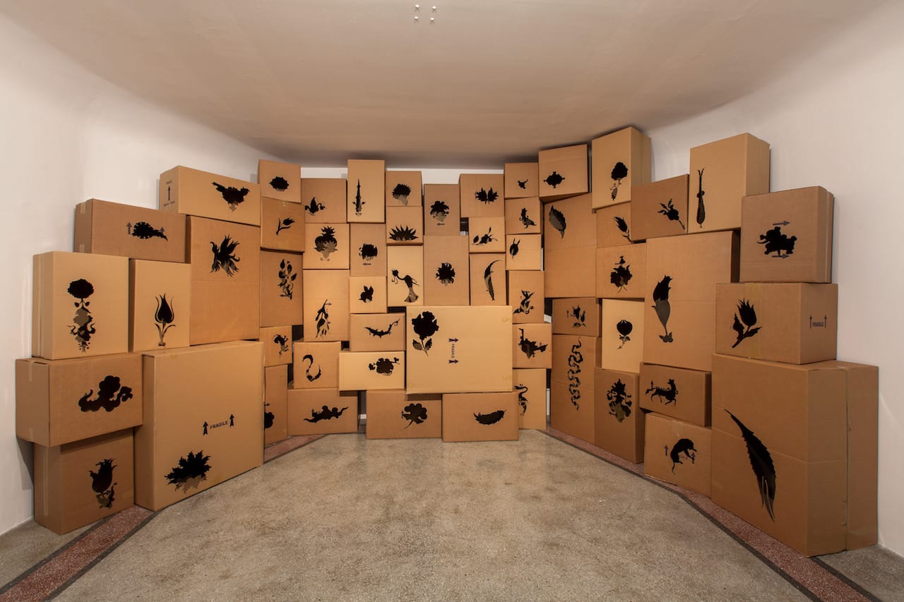 Walid Raad, "Another Letter to the Reader" (2015), laser-cut boxes, wooden shipping crates (photo by Cisem Asya Albas)