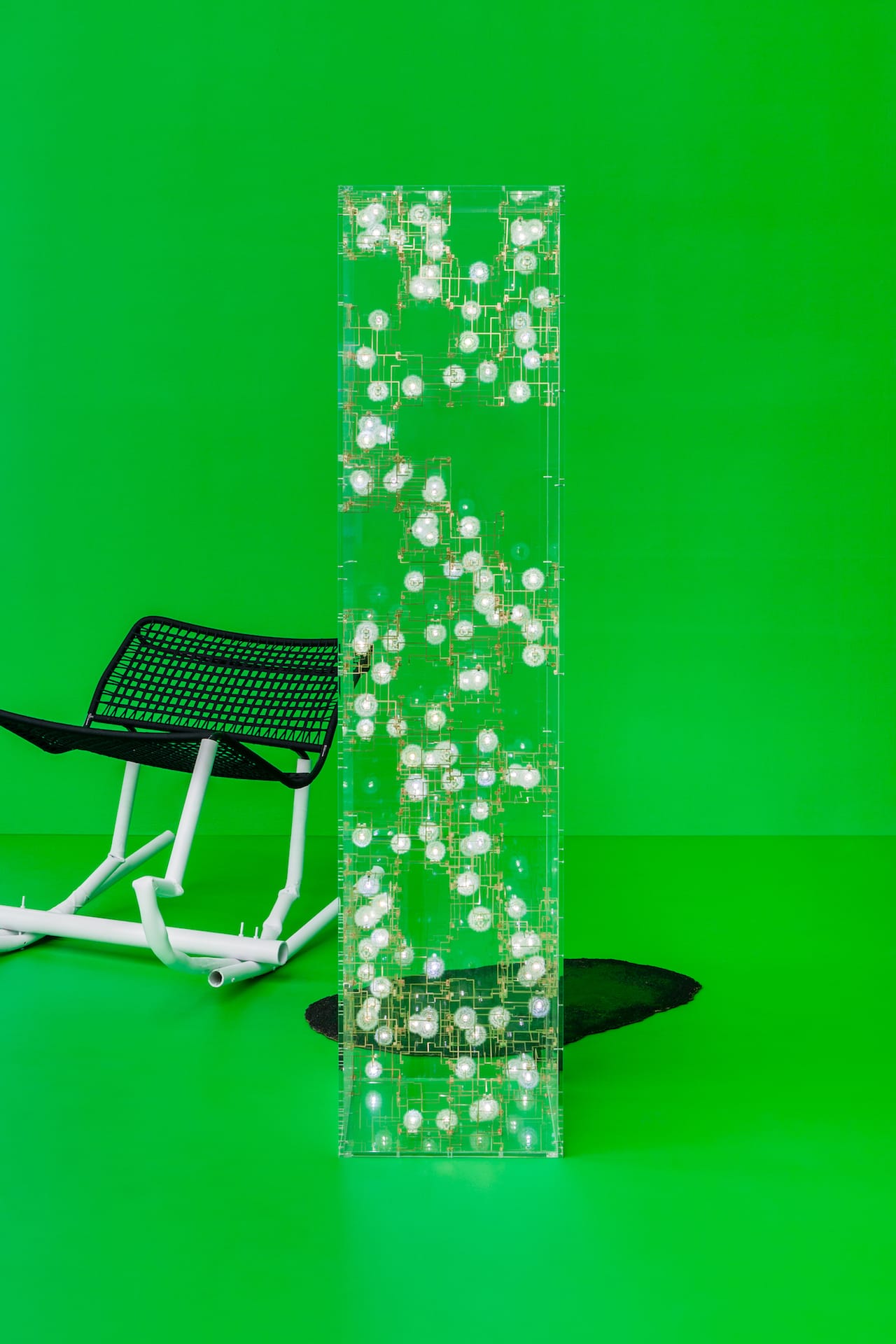 Studio Drift, "Fragile Future 3.13" (2013), Dandelion seed, phosphorus bronze, LEDs, Perspex, 75.2 x 17.3 x 17.3 inches (click to enlarge)