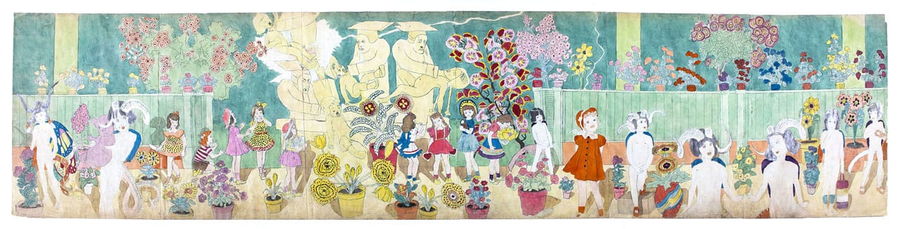 Henry Darger (1892-1973). "Statues strangling children". Crayon, décalque et aquarelle sur papier, 1910-1970. Dimensions : 61 x 273 cm