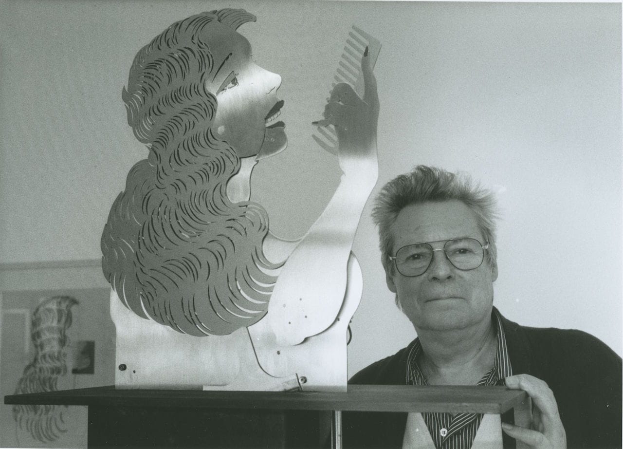 Stephan von Huene in 1997 his sculpture, "The New Lore Ley" (1990) (image via Wikipedia) (click to enlarge)