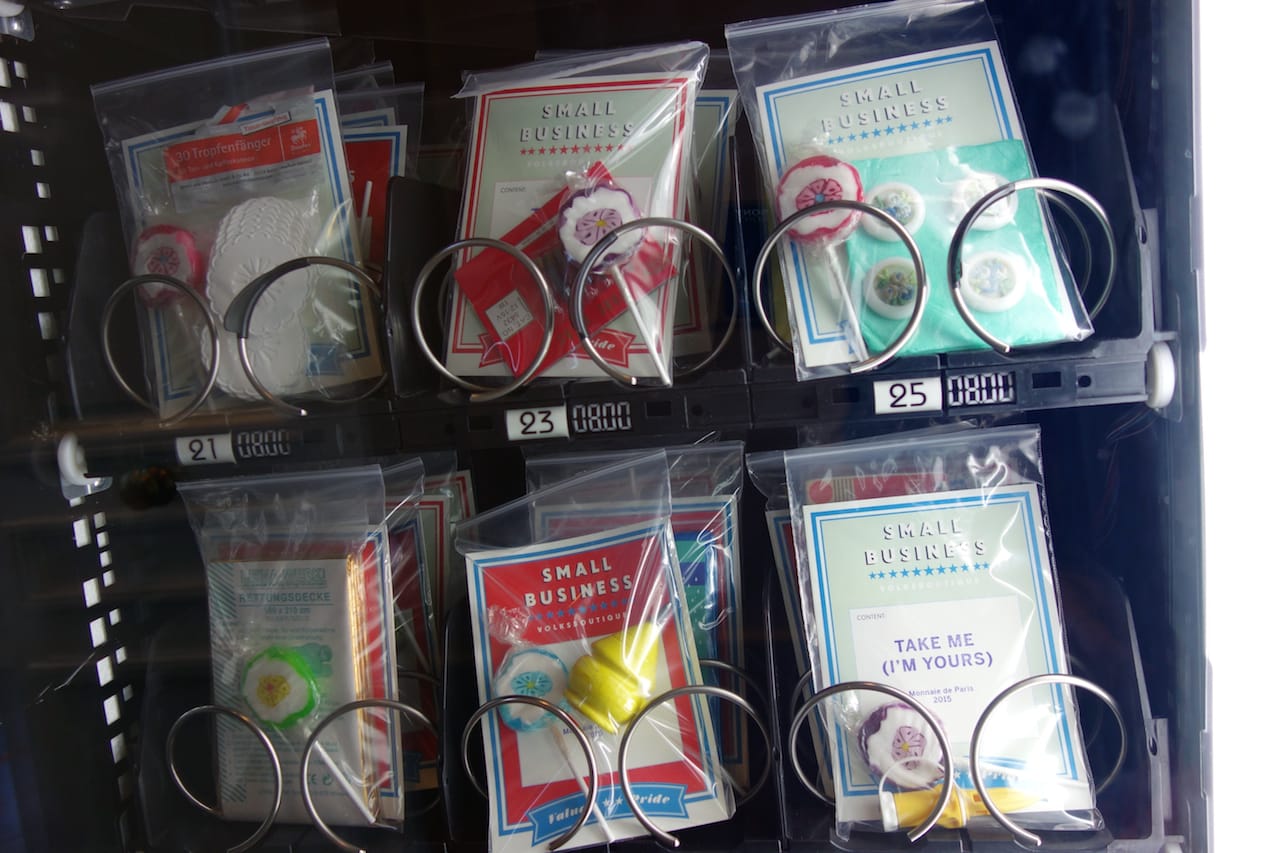 Christine Hill, "Vendible (Small Business Edition)" (1995-2015), where packaged art objects are available in a vending machine