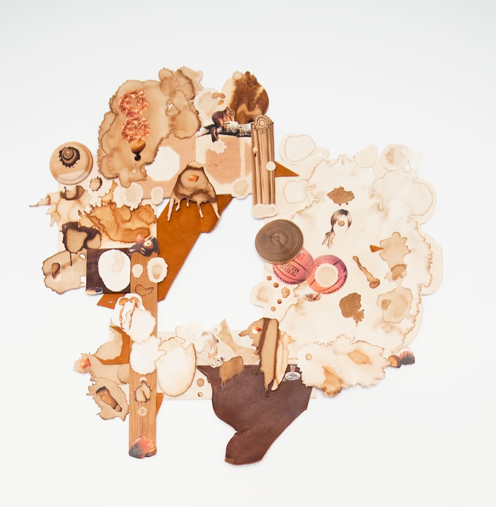 Teppei Kaneuji, "Muddy Stream from a Mug" (2009), wood, clippings of coffee stains and printed material, 27.56 x 27.56 inches (courtesy of the artist)