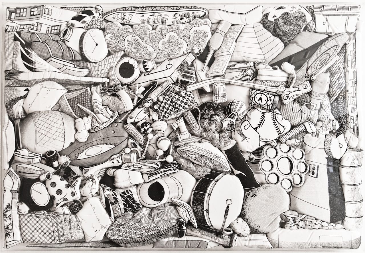 Teppei Kaneuji, "Games, Dance, and the Constructions (soft toys) #18" (2015), screen print, cotton fabric, polyester stuffing, acrylic box, 43.5 x 63 x 2 inches (courtesy of the artist and Jane Lombard Gallery)