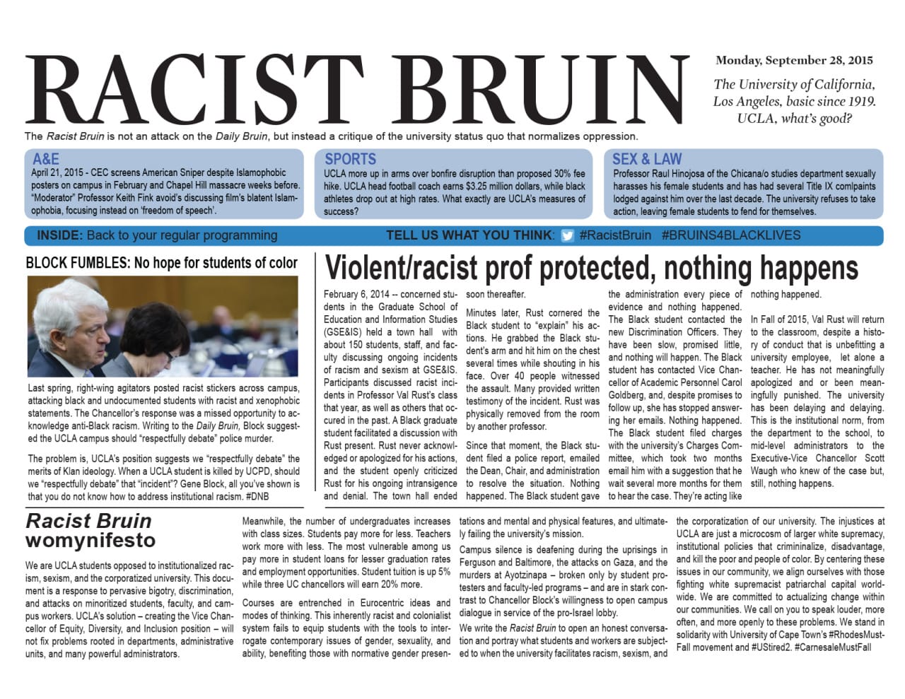 An edition of the Racist Bruin newspaper found across the UCLA campus (via The Racist Bruin)