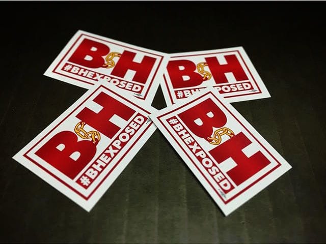 #bhexposed campaign stickers created by Radix Media in support of B&H workers (photo via @radixmedia/Instagram)